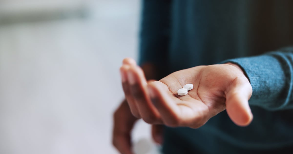 Person hands and patient with pills for medication relief