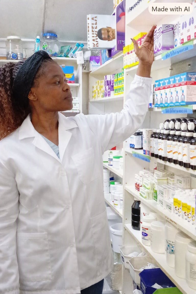 Healthcare professional in white coat selecting medication from pharmacy shelf stocked with various bottles and products